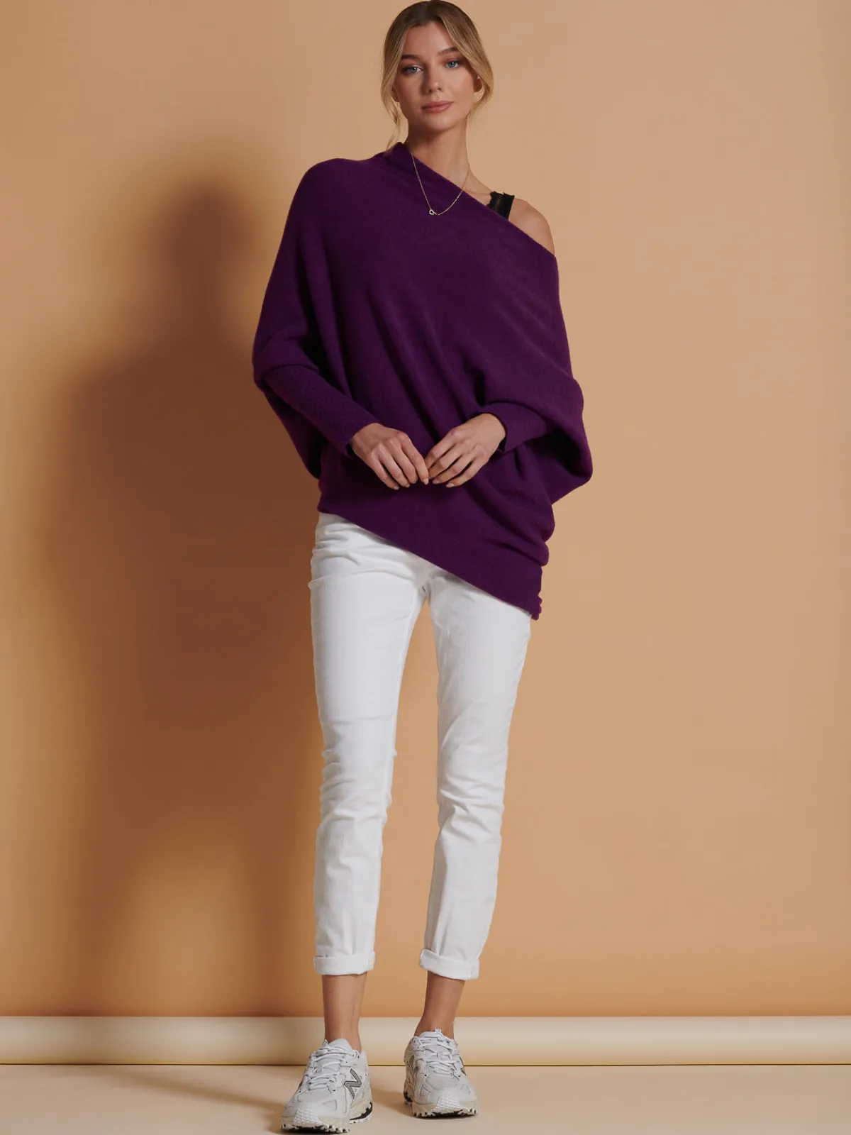 Jolie Moi Knitted Jumpers-Made in Italy Asymmetric Draped Knit Jumper, Dark Purple