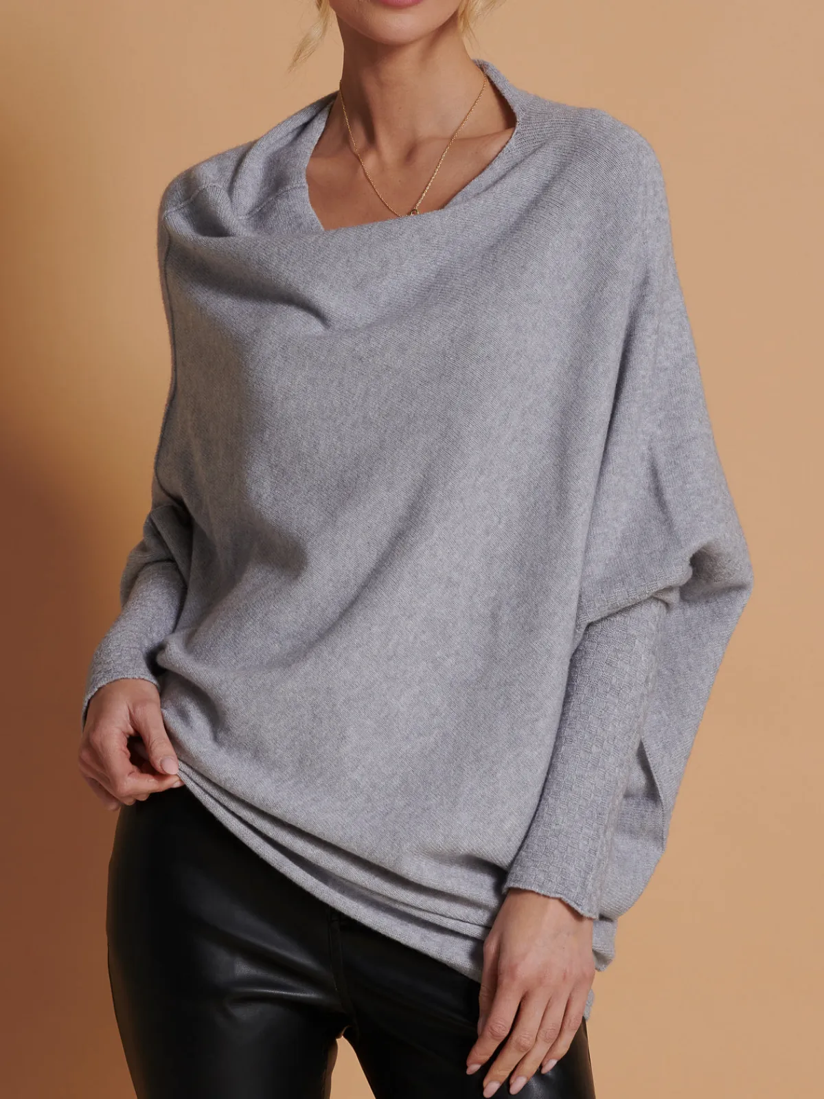 Jolie Moi Knitted Jumpers-Made in Italy Asymmetric Draped Knit Jumper, Grey Heather