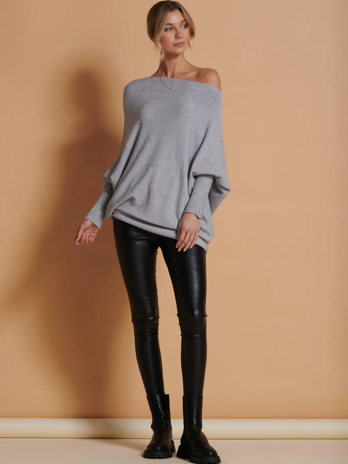 Jolie Moi Knitted Jumpers-Made in Italy Asymmetric Draped Knit Jumper, Grey Heather
