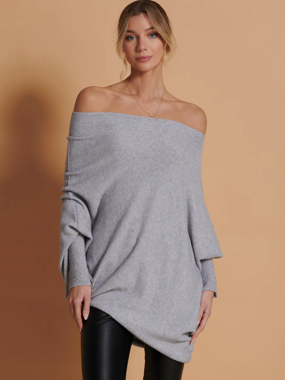 Jolie Moi Knitted Jumpers-Made in Italy Asymmetric Draped Knit Jumper, Grey Heather