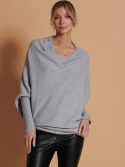 Jolie Moi Knitted Jumpers-Made in Italy Asymmetric Draped Knit Jumper, Grey Heather