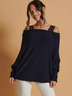 Jolie Moi Knitted Jumpers-Made in Italy Asymmetric Draped Knit Jumper, Navy