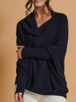 Jolie Moi Knitted Jumpers-Made in Italy Asymmetric Draped Knit Jumper, Navy