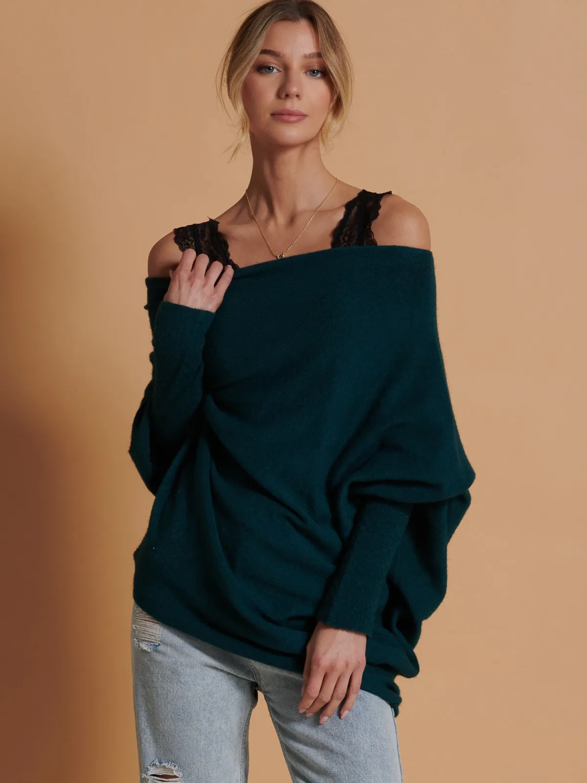 Jolie Moi Knitted Jumpers-Made in Italy Asymmetric Draped Knit Jumper, Peacock Blue