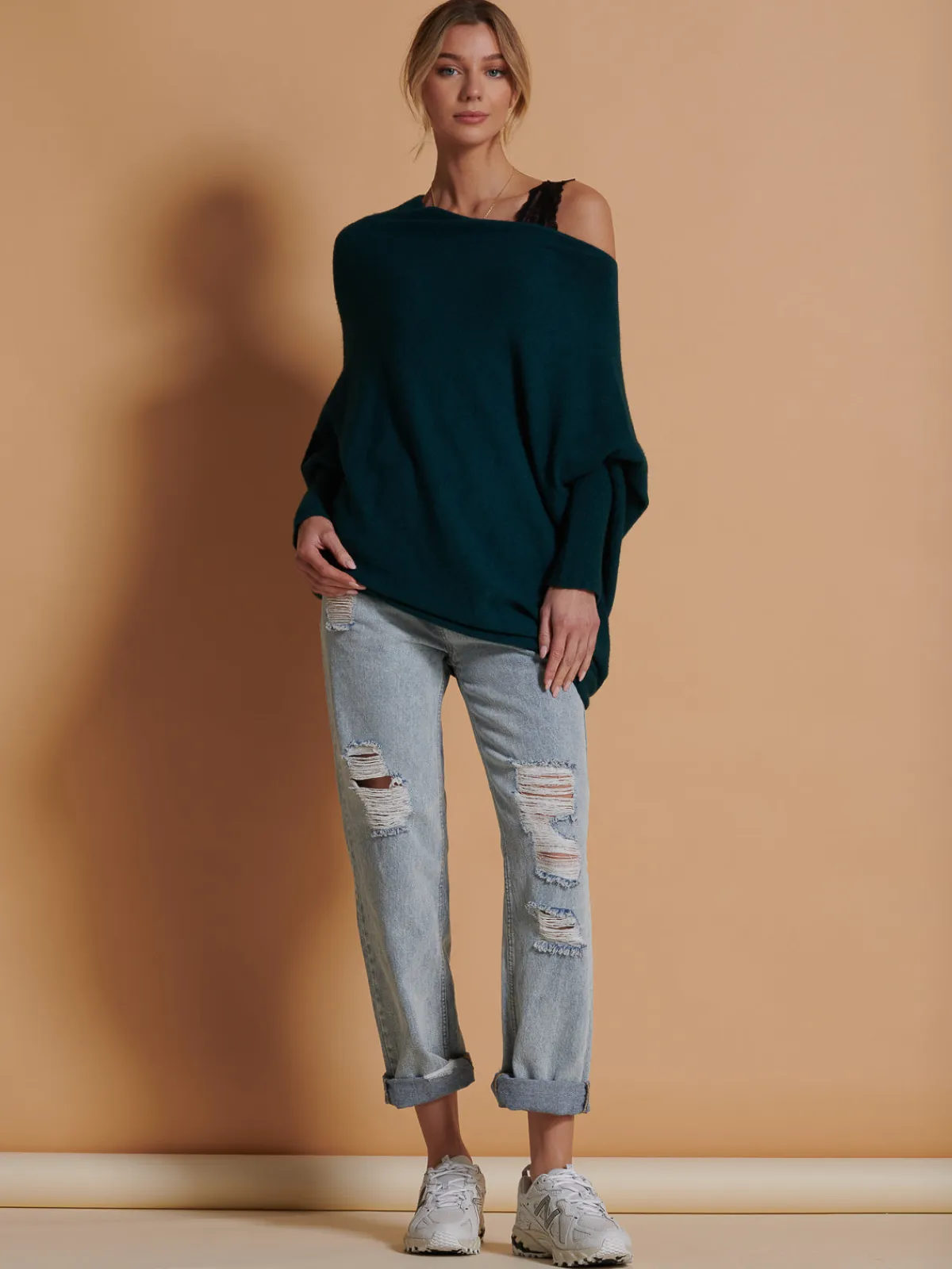 Jolie Moi Knitted Jumpers-Made in Italy Asymmetric Draped Knit Jumper, Peacock Blue