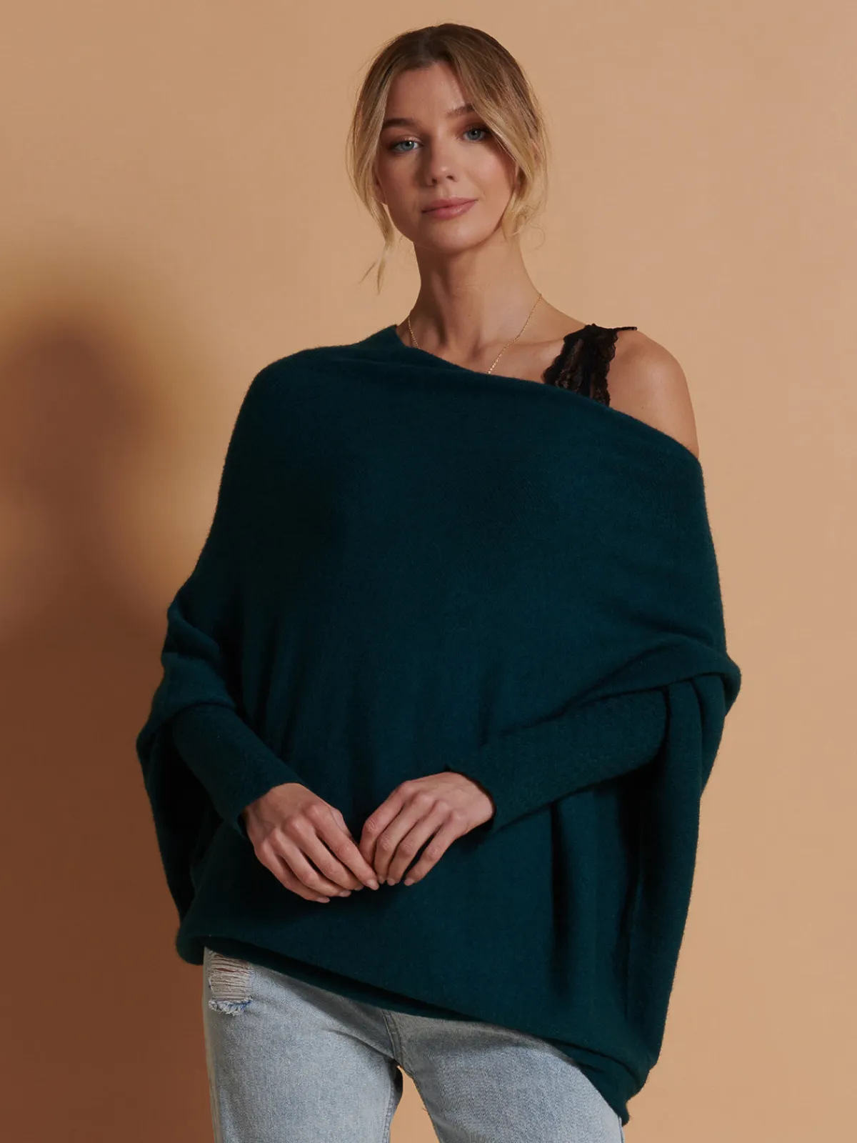 Jolie Moi Knitted Jumpers-Made in Italy Asymmetric Draped Knit Jumper, Peacock Blue