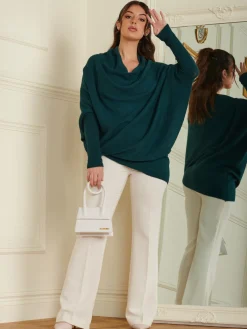 Jolie Moi Knitted Jumpers-Made in Italy Asymmetric Draped Knit Jumper, Peacock Blue
