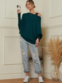 Jolie Moi Knitted Jumpers-Made in Italy Asymmetric Draped Knit Jumper, Peacock Blue