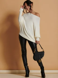Jolie Moi Knitted Jumpers-Made In Italy Asymmetric Draped Soft Knit Jumper, Butter