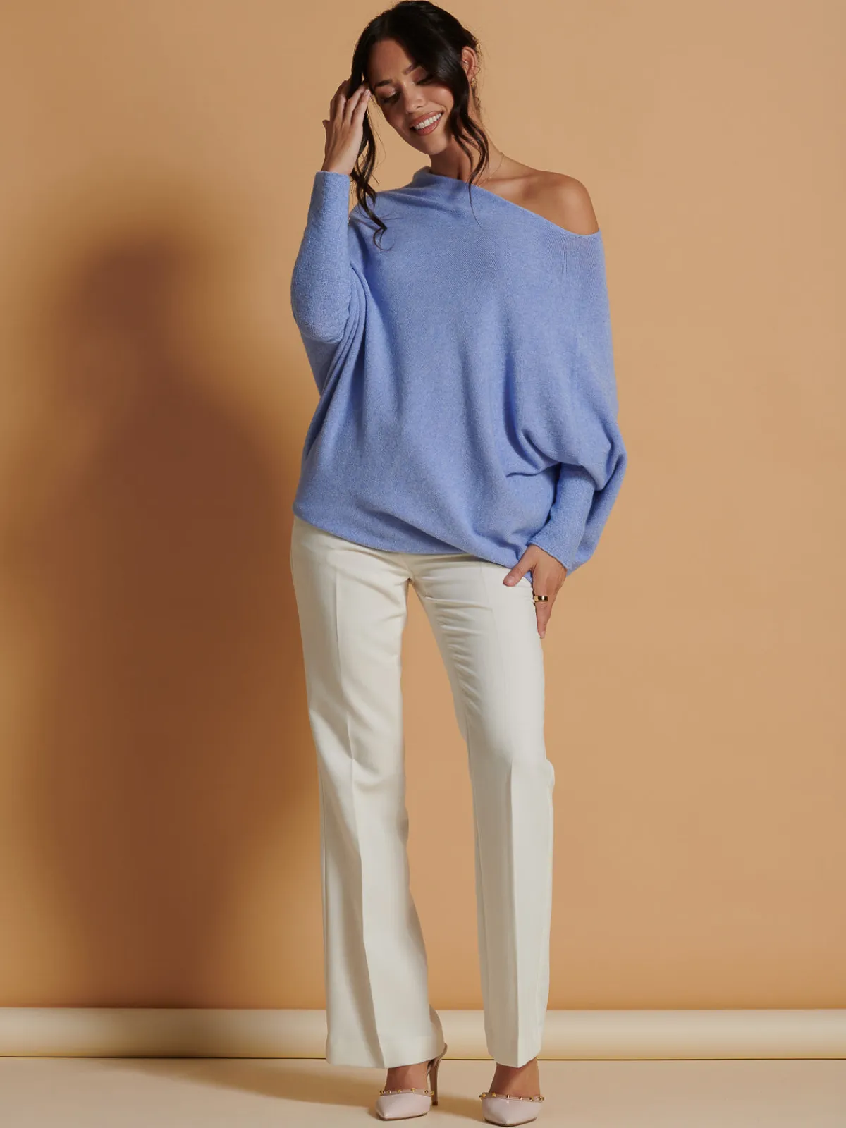 Jolie Moi Knitted Jumpers-Made In Italy Asymmetric Draped Soft Knit Jumper, Grapemist