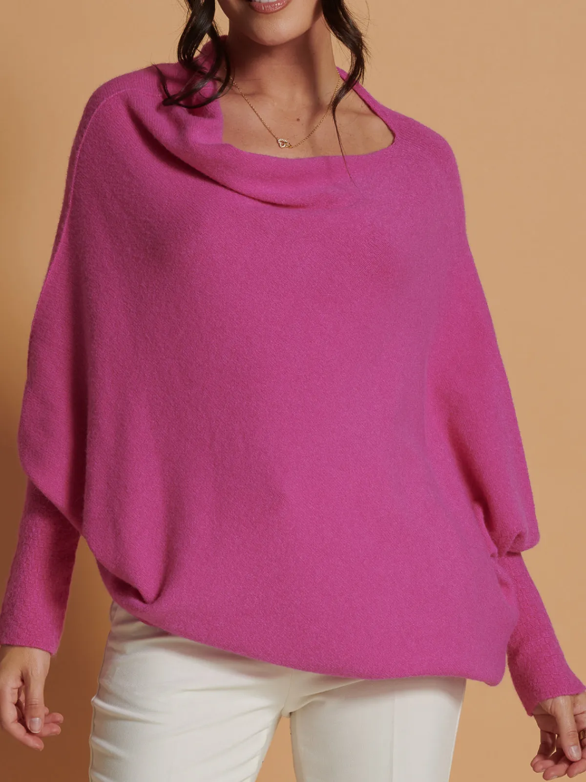 Jolie Moi Knitted Jumpers-Made In Italy Asymmetric Draped Soft Knit Jumper, Hot Pink