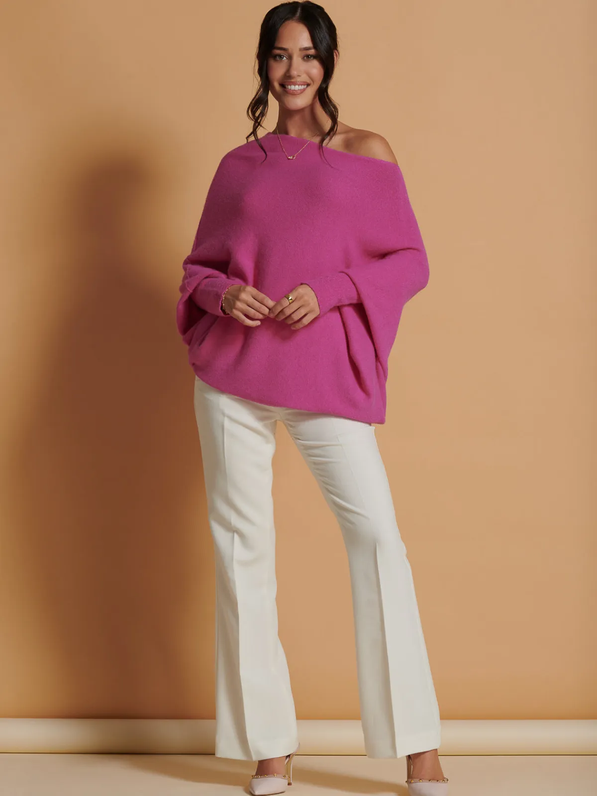 Jolie Moi Knitted Jumpers-Made In Italy Asymmetric Draped Soft Knit Jumper, Hot Pink
