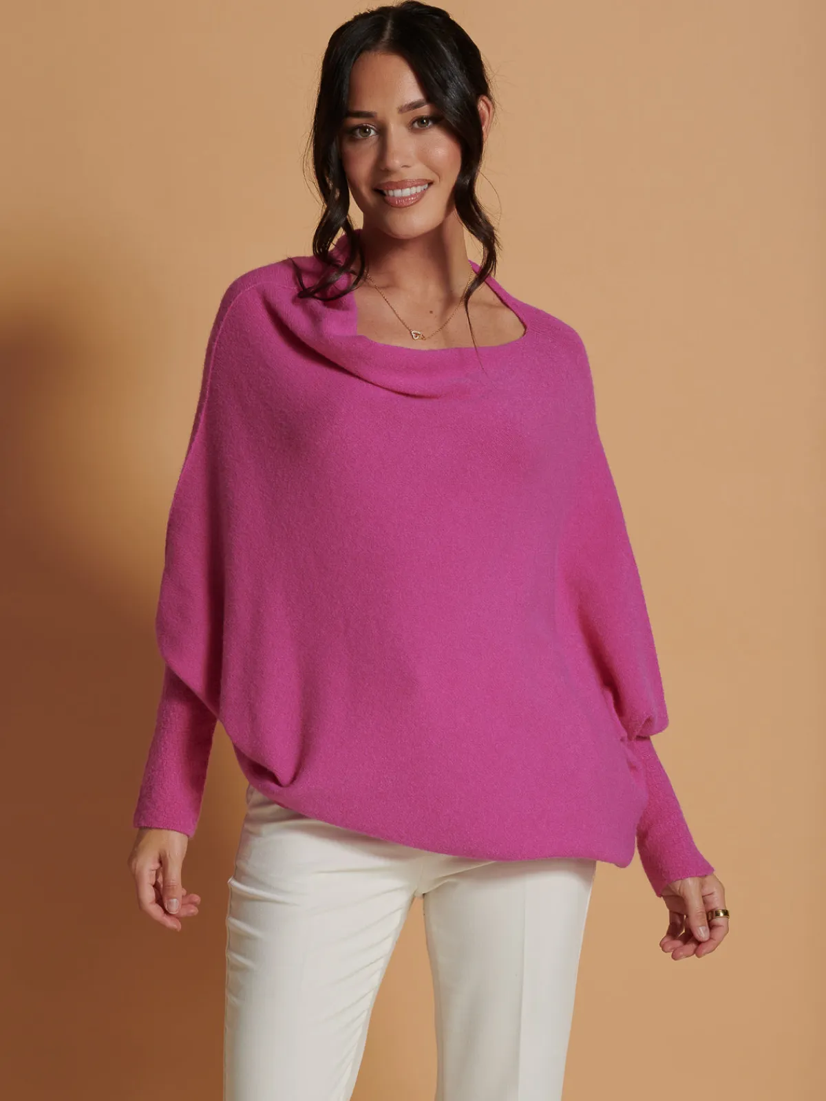 Jolie Moi Knitted Jumpers-Made In Italy Asymmetric Draped Soft Knit Jumper, Hot Pink