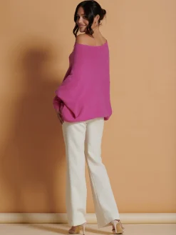 Jolie Moi Knitted Jumpers-Made In Italy Asymmetric Draped Soft Knit Jumper, Hot Pink