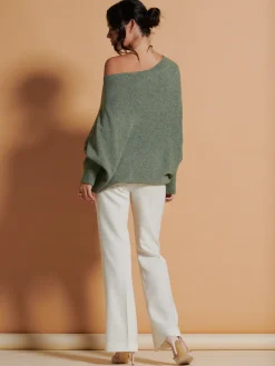 Jolie Moi Knitted Jumpers-Made In Italy Asymmetric Draped Soft Knit Jumper, Khaki Green