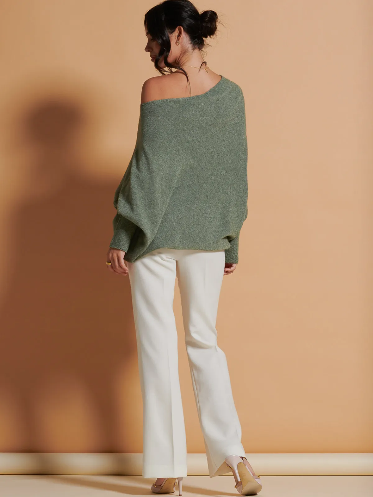 Jolie Moi Knitted Jumpers-Made In Italy Asymmetric Draped Soft Knit Jumper, Khaki Green
