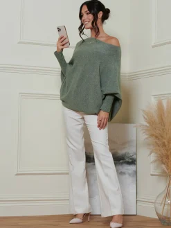 Jolie Moi Knitted Jumpers-Made In Italy Asymmetric Draped Soft Knit Jumper, Khaki Green