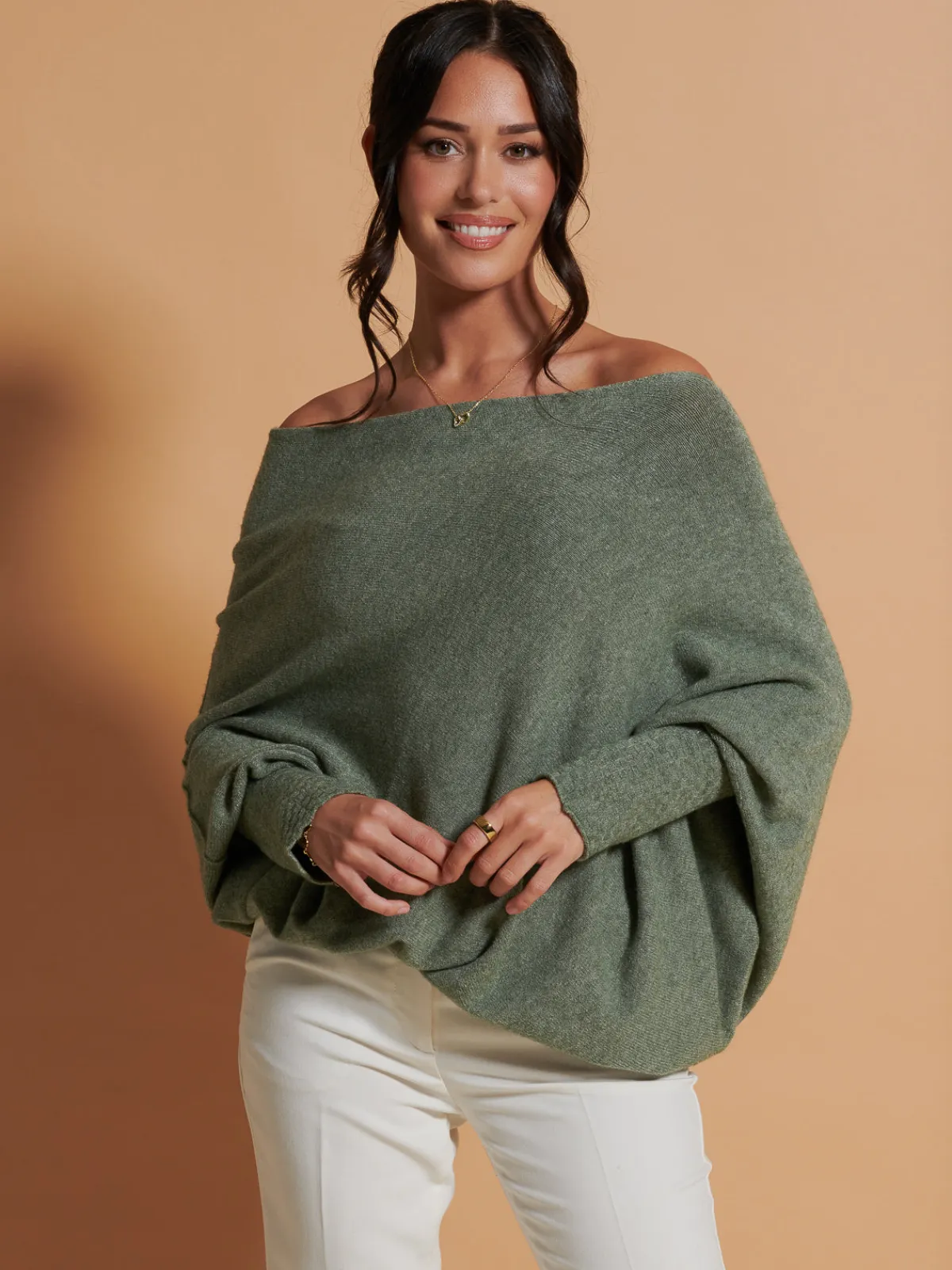 Jolie Moi Knitted Jumpers-Made In Italy Asymmetric Draped Soft Knit Jumper, Khaki Green