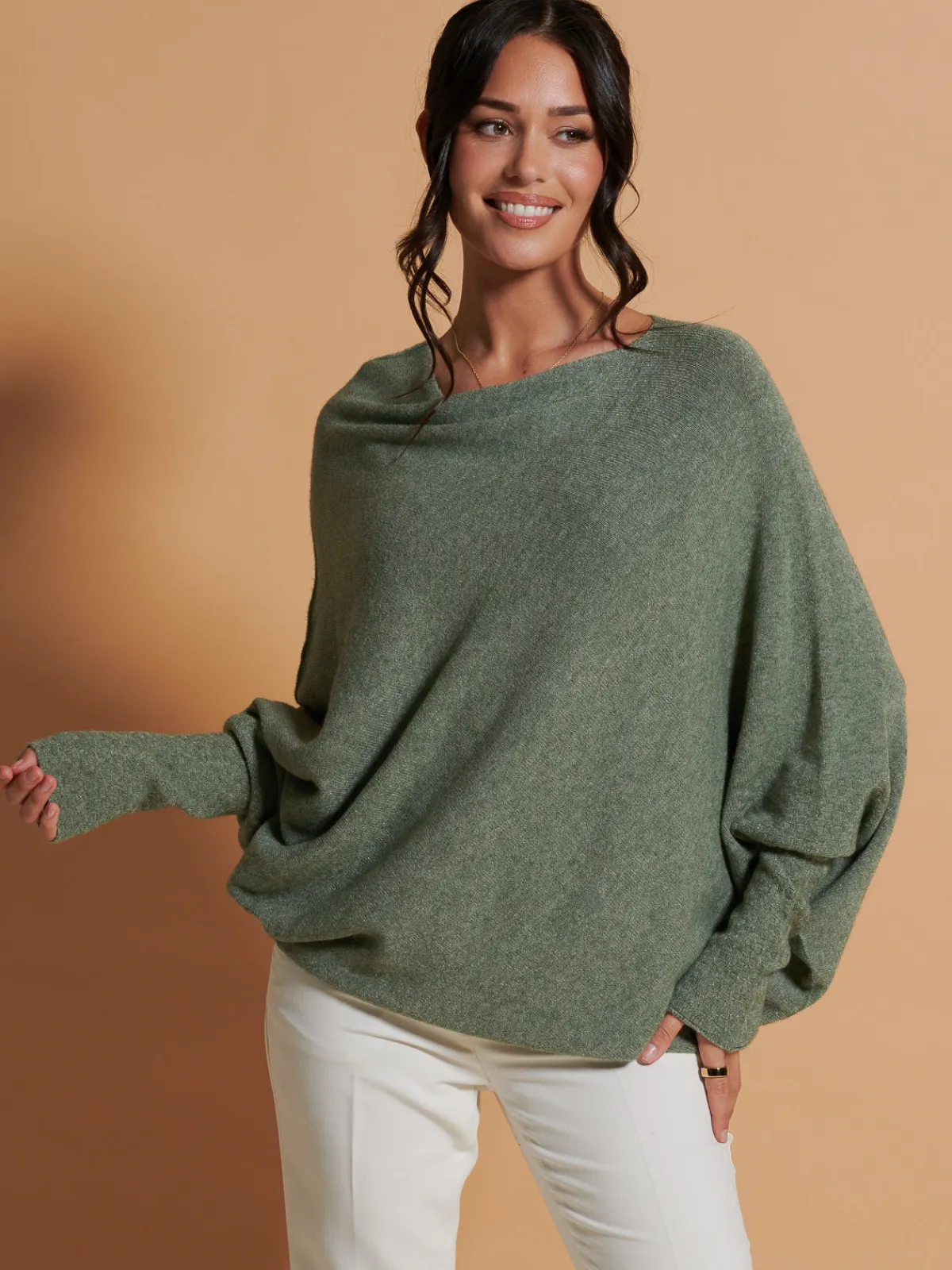 Jolie Moi Knitted Jumpers-Made In Italy Asymmetric Draped Soft Knit Jumper, Khaki Green
