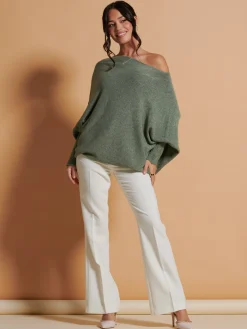 Jolie Moi Knitted Jumpers-Made In Italy Asymmetric Draped Soft Knit Jumper, Khaki Green
