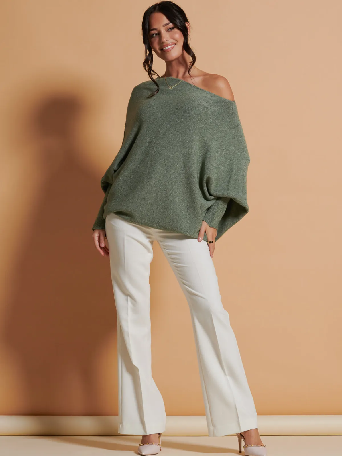 Jolie Moi Knitted Jumpers-Made In Italy Asymmetric Draped Soft Knit Jumper, Khaki Green