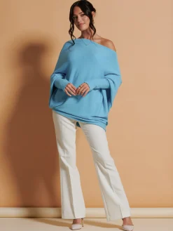 Jolie Moi Knitted Jumpers-Made In Italy Asymmetric Draped Soft Knit Jumper, Light Blue
