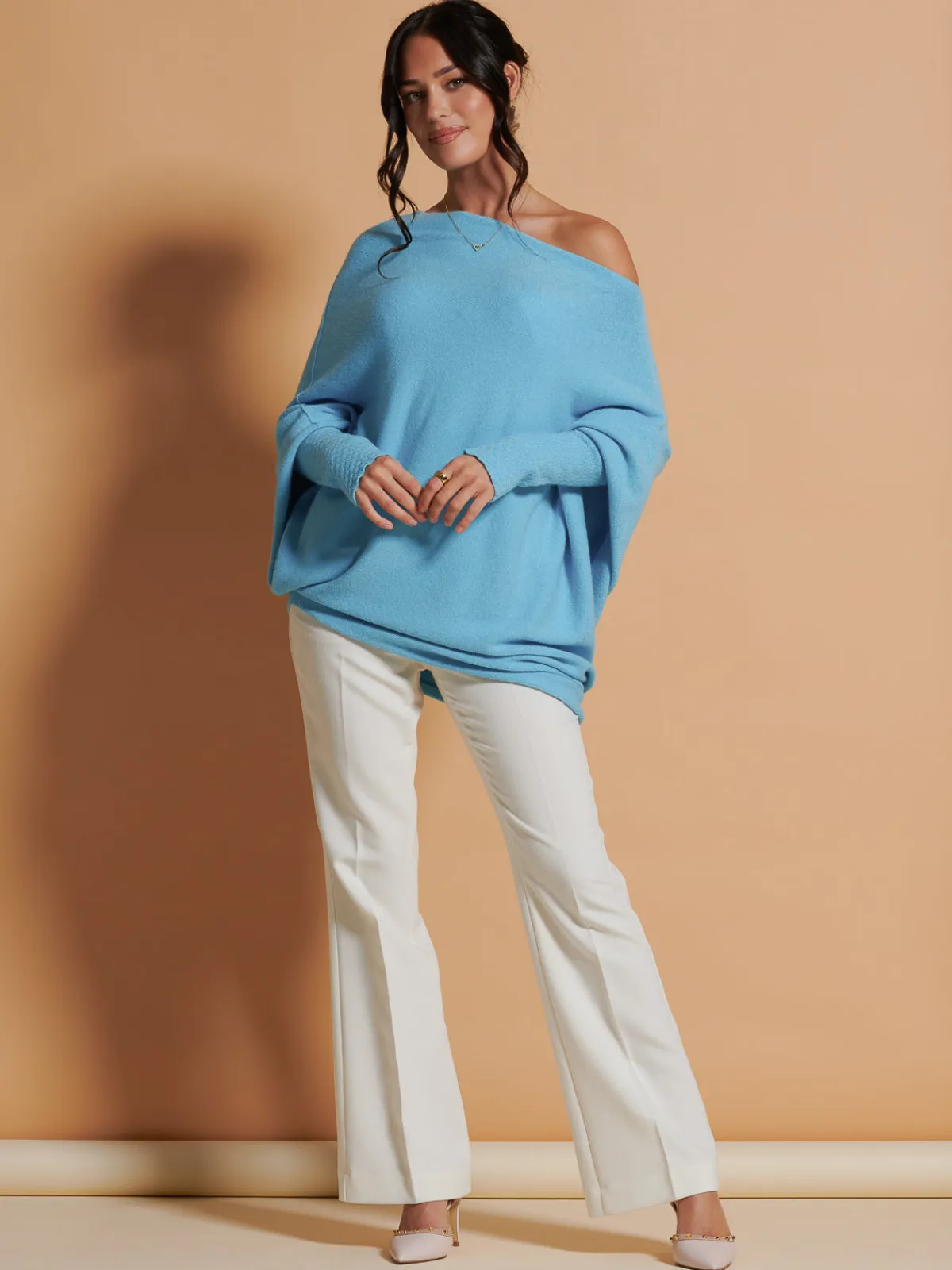 Jolie Moi Knitted Jumpers-Made In Italy Asymmetric Draped Soft Knit Jumper, Light Blue
