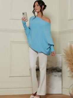 Jolie Moi Knitted Jumpers-Made In Italy Asymmetric Draped Soft Knit Jumper, Light Blue