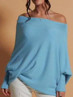 Jolie Moi Knitted Jumpers-Made In Italy Asymmetric Draped Soft Knit Jumper, Light Blue