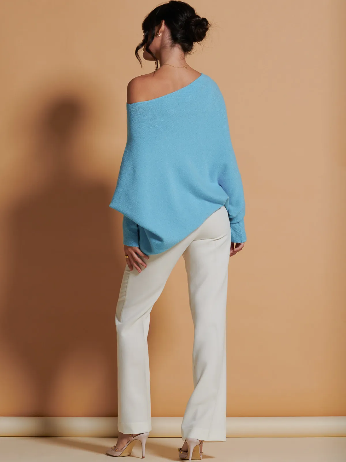 Jolie Moi Knitted Jumpers-Made In Italy Asymmetric Draped Soft Knit Jumper, Light Blue