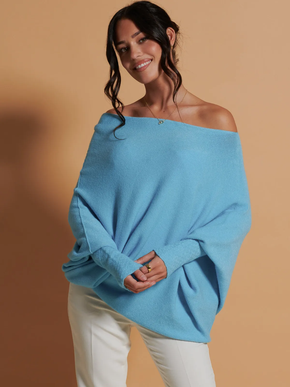 Jolie Moi Knitted Jumpers-Made In Italy Asymmetric Draped Soft Knit Jumper, Light Blue
