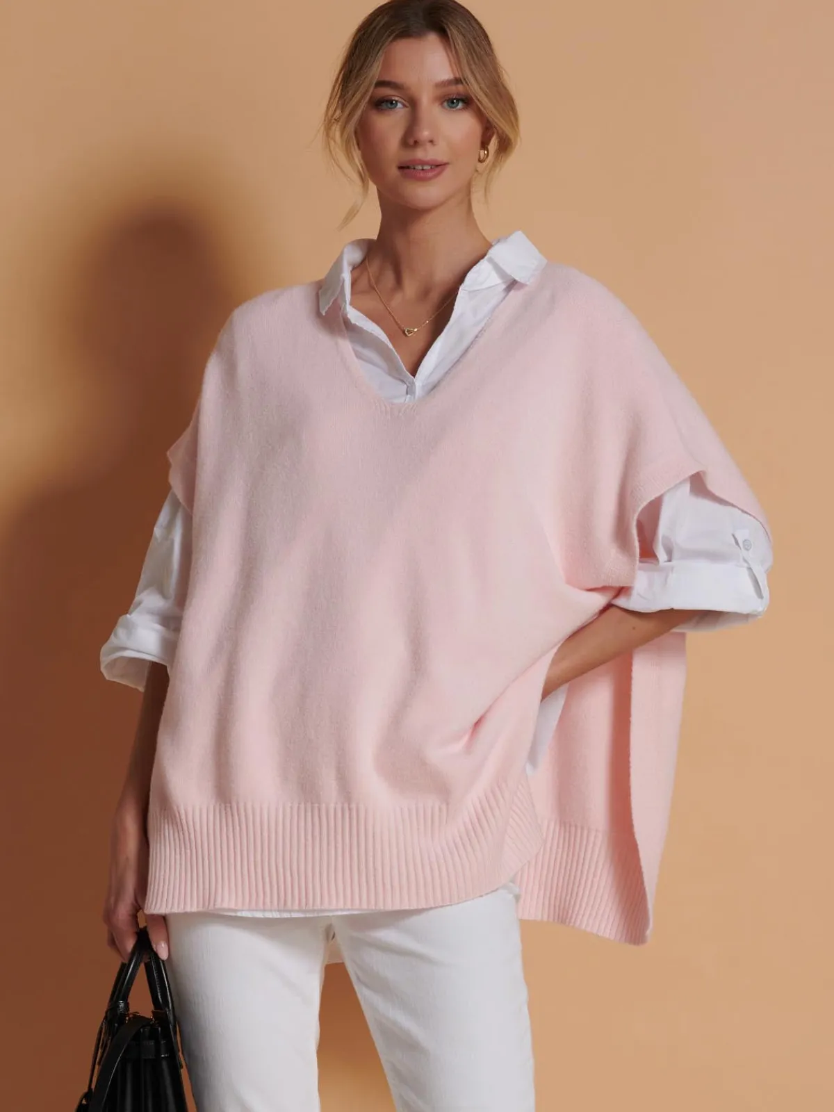 Jolie Moi Knitted Jumpers-Made in Italy Button Side Knitted Tabard, Baby Pink