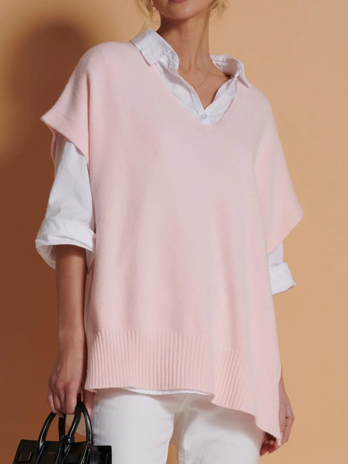 Jolie Moi Knitted Jumpers-Made in Italy Button Side Knitted Tabard, Baby Pink