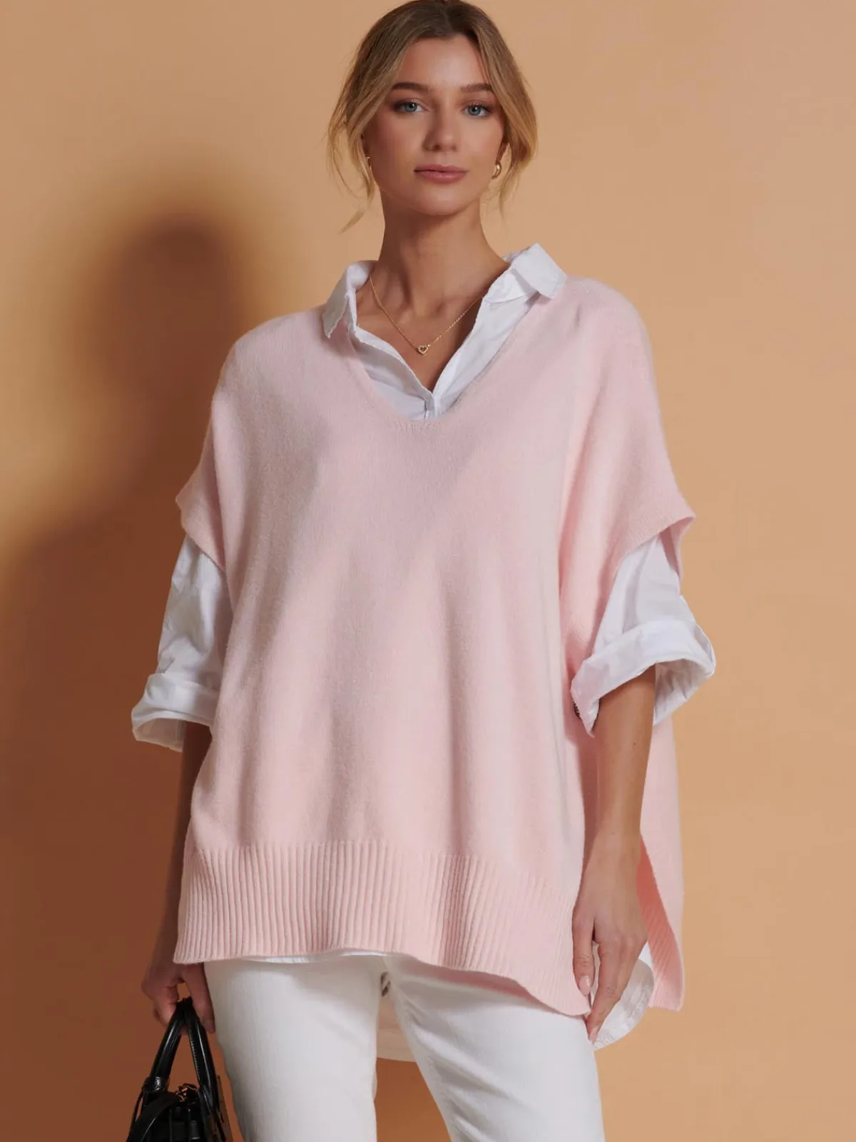 Jolie Moi Knitted Jumpers-Made in Italy Button Side Knitted Tabard, Baby Pink