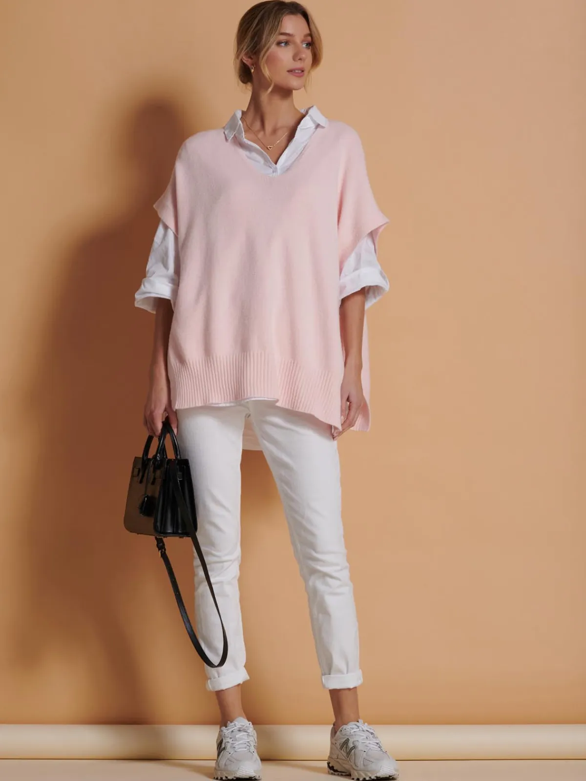 Jolie Moi Knitted Jumpers-Made in Italy Button Side Knitted Tabard, Baby Pink