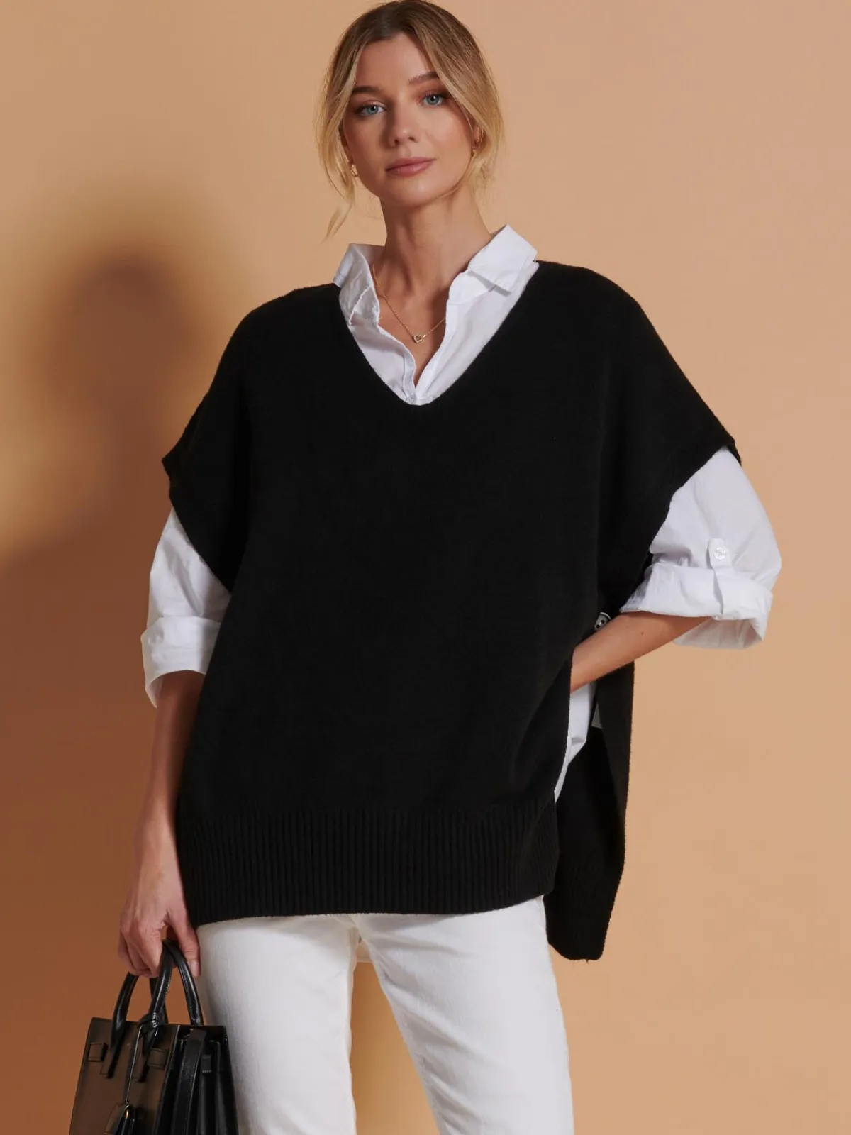 Jolie Moi Knitted Jumpers-Made in Italy Button Side Knitted Tabard, Black