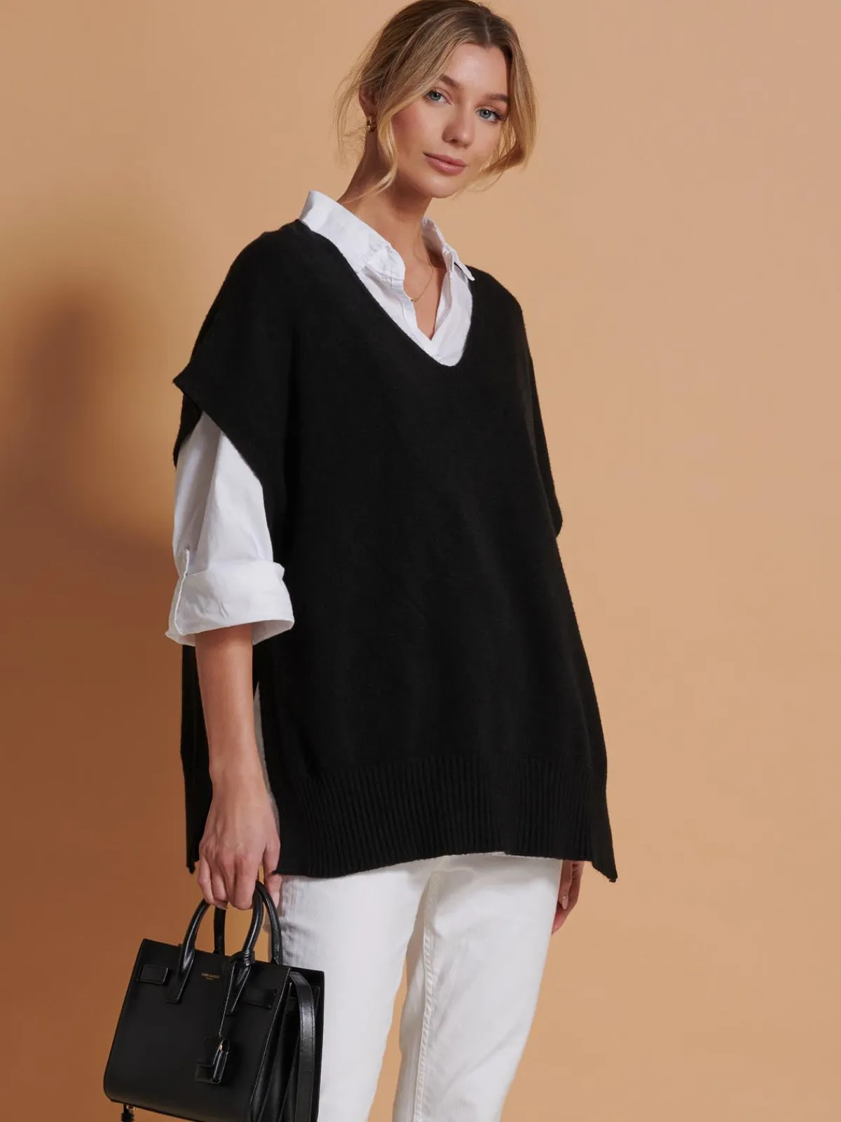 Jolie Moi Knitted Jumpers-Made in Italy Button Side Knitted Tabard, Black