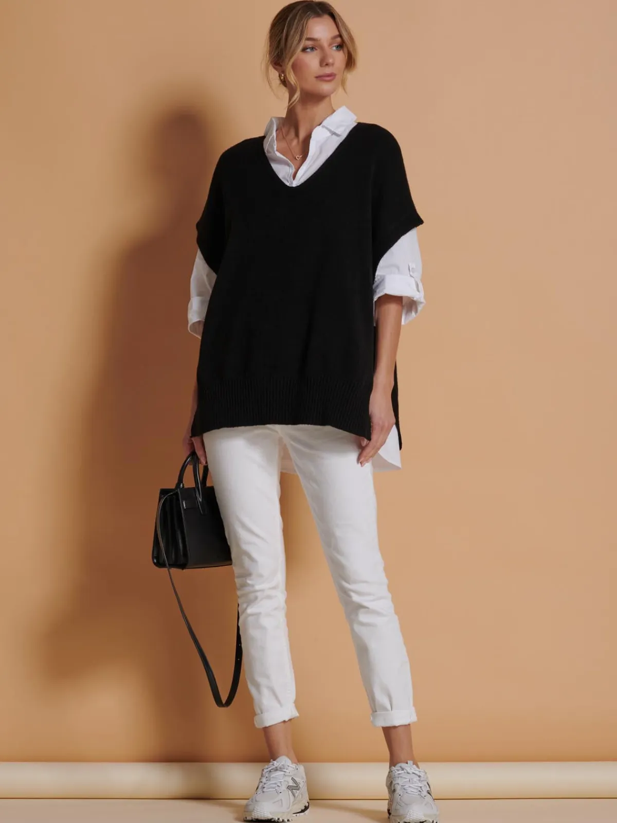 Jolie Moi Knitted Jumpers-Made in Italy Button Side Knitted Tabard, Black