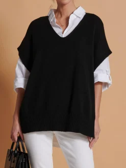 Jolie Moi Knitted Jumpers-Made in Italy Button Side Knitted Tabard, Black