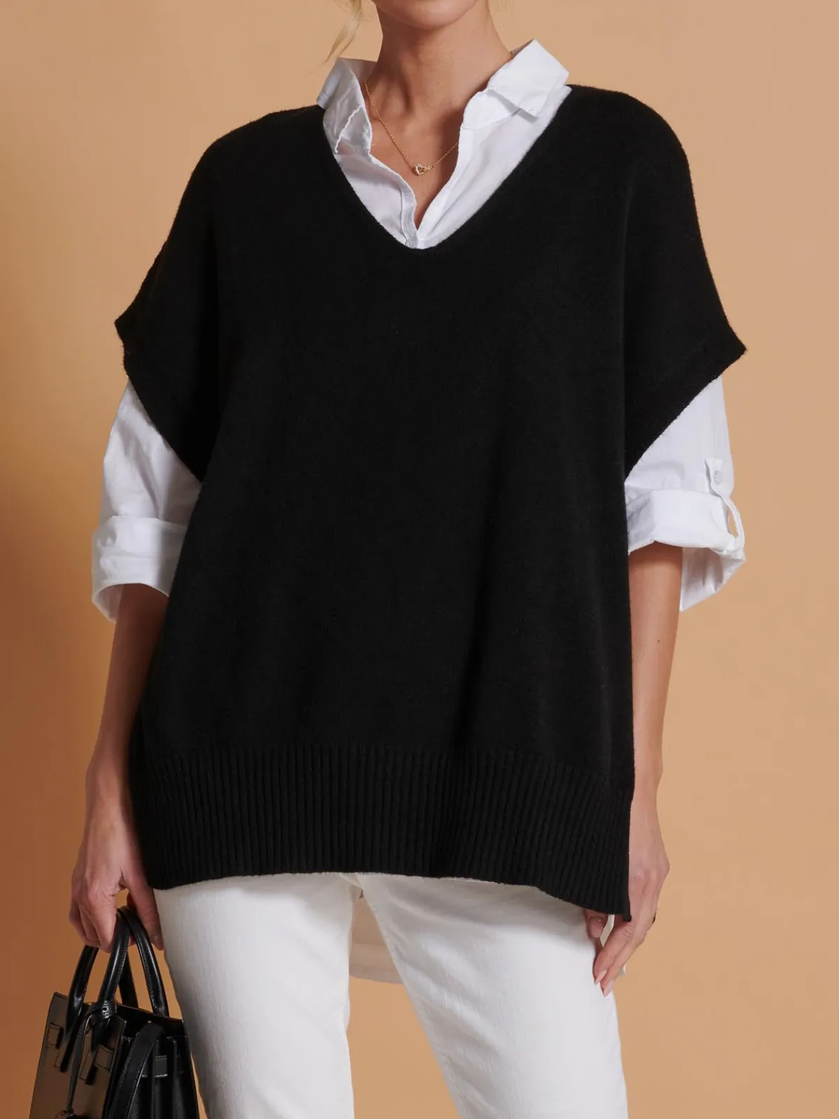 Jolie Moi Knitted Jumpers-Made in Italy Button Side Knitted Tabard, Black