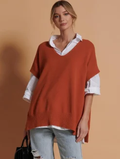 Jolie Moi Knitted Jumpers-Made in Italy Button Side Knitted Tabard, Burnt Orange