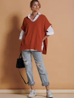 Jolie Moi Knitted Jumpers-Made in Italy Button Side Knitted Tabard, Burnt Orange