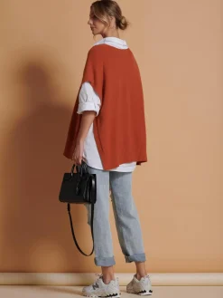 Jolie Moi Knitted Jumpers-Made in Italy Button Side Knitted Tabard, Burnt Orange