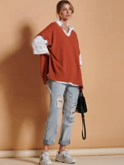 Jolie Moi Knitted Jumpers-Made in Italy Button Side Knitted Tabard, Burnt Orange