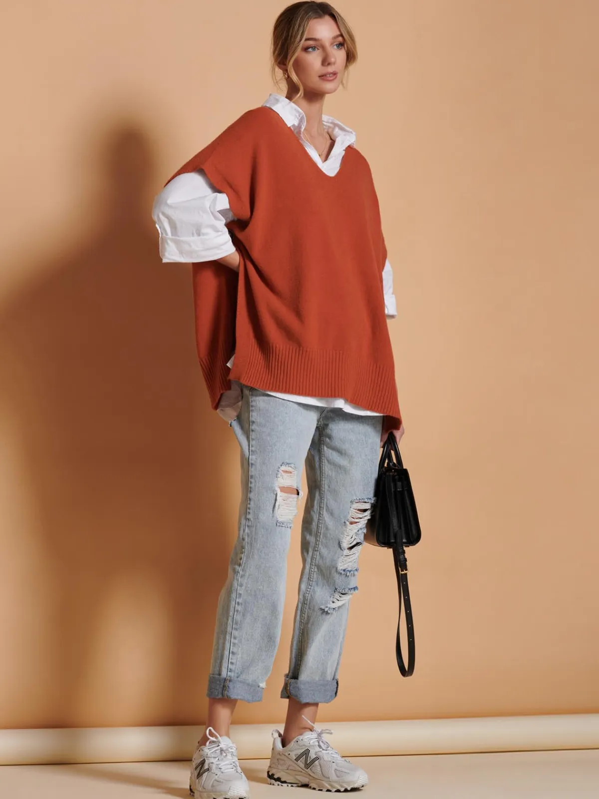 Jolie Moi Knitted Jumpers-Made in Italy Button Side Knitted Tabard, Burnt Orange