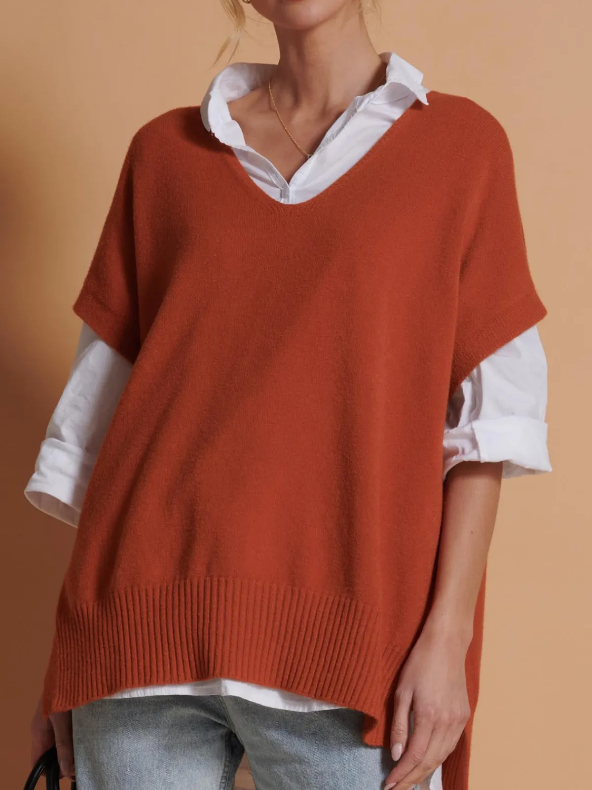 Jolie Moi Knitted Jumpers-Made in Italy Button Side Knitted Tabard, Burnt Orange