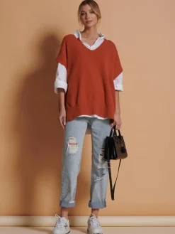 Jolie Moi Knitted Jumpers-Made in Italy Button Side Knitted Tabard, Burnt Orange