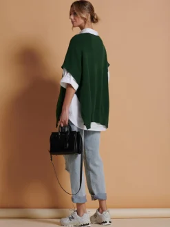 Jolie Moi Knitted Jumpers-Made in Italy Button Side Knitted Tabard, Forest Green