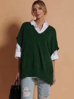Jolie Moi Knitted Jumpers-Made in Italy Button Side Knitted Tabard, Forest Green