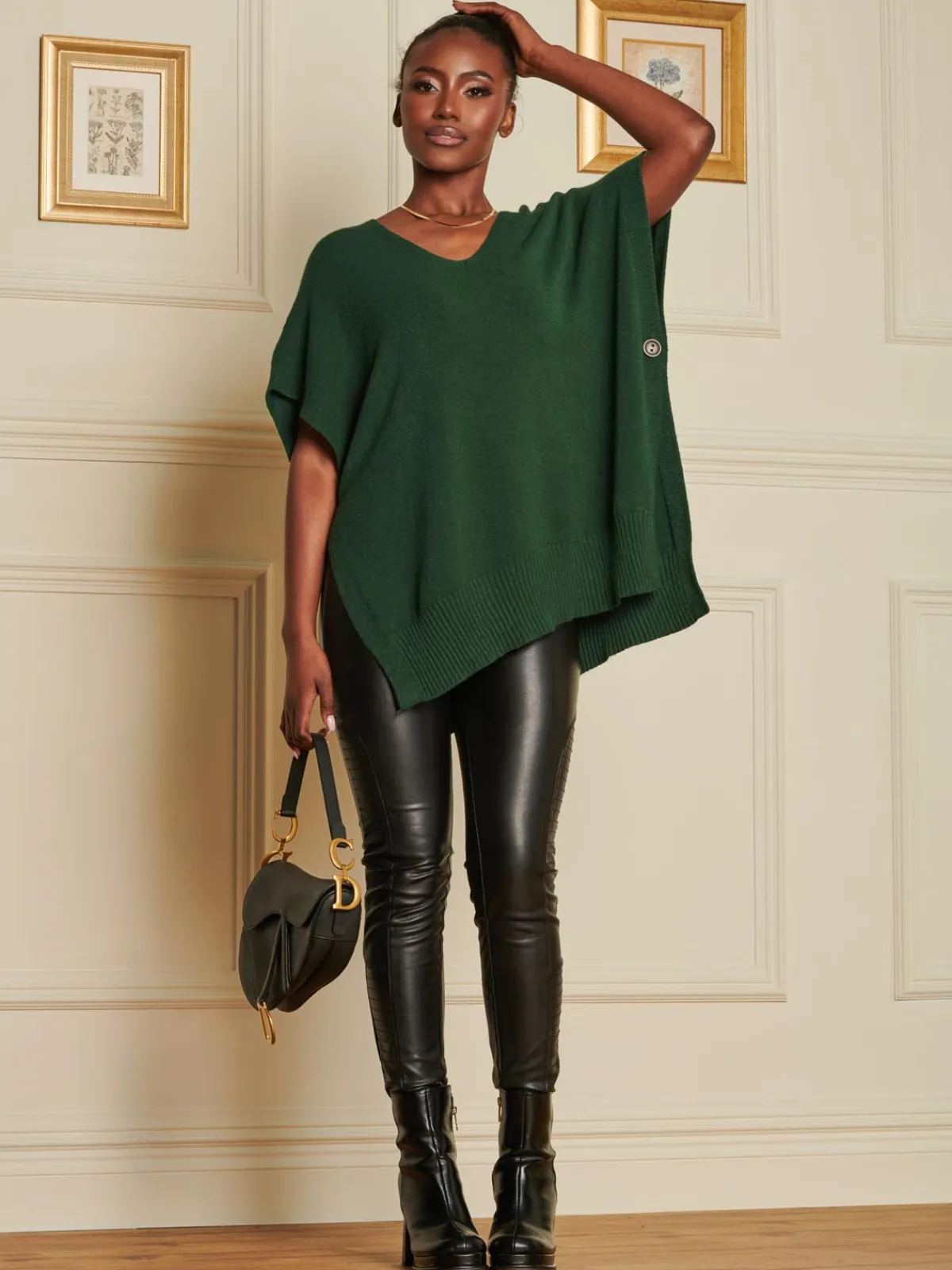 Jolie Moi Knitted Jumpers-Made in Italy Button Side Knitted Tabard, Forest Green